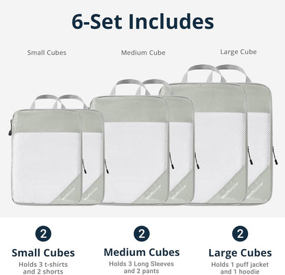 6 Set Compression Packing Cubes for Travel - Compressible, Lightweight, and Space-Saving Packing Cubes, Travel Essentials for Women, Grey