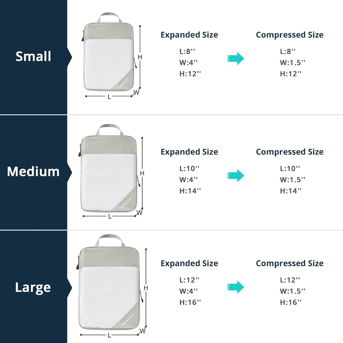 6 Set Compression Packing Cubes for Travel - Compressible, Lightweight, and Space-Saving Packing Cubes, Travel Essentials for Women, Grey
