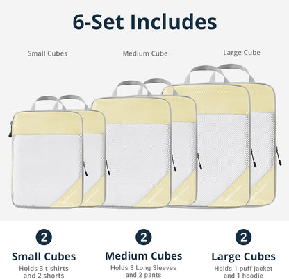 6 Set Compression Packing Cubes for Travel - Compressible, Lightweight, and Space-Saving Packing Cubes, Travel Essentials for Women, Grey