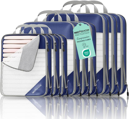6 Set Compression Packing Cubes for Travel - Compressible, Lightweight, and Space-Saving Packing Cubes, Travel Essentials for Women, Grey