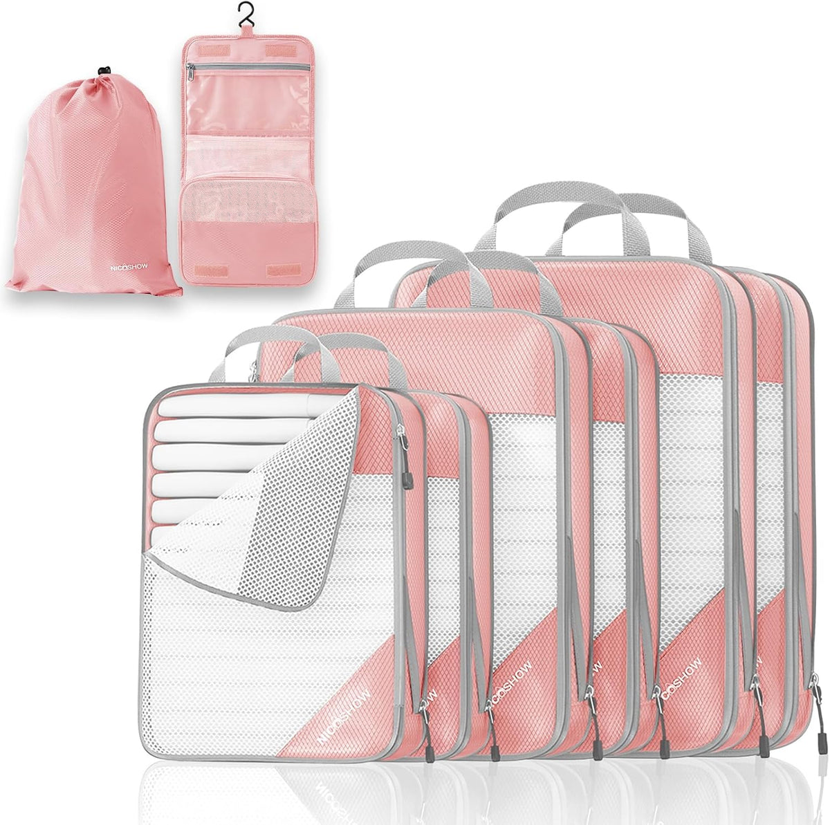 6 Set Compression Packing Cubes for Travel - Compressible, Lightweight, and Space-Saving Packing Cubes, Travel Essentials for Women, Grey