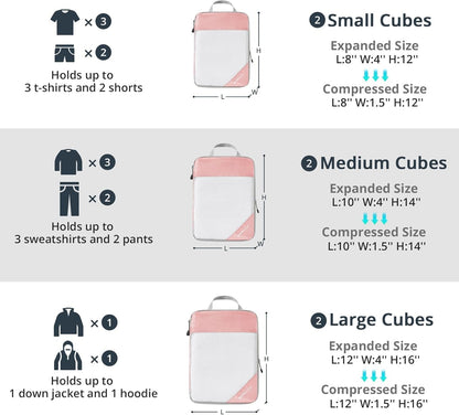 6 Set Compression Packing Cubes for Travel - Compressible, Lightweight, and Space-Saving Packing Cubes, Travel Essentials for Women, Grey