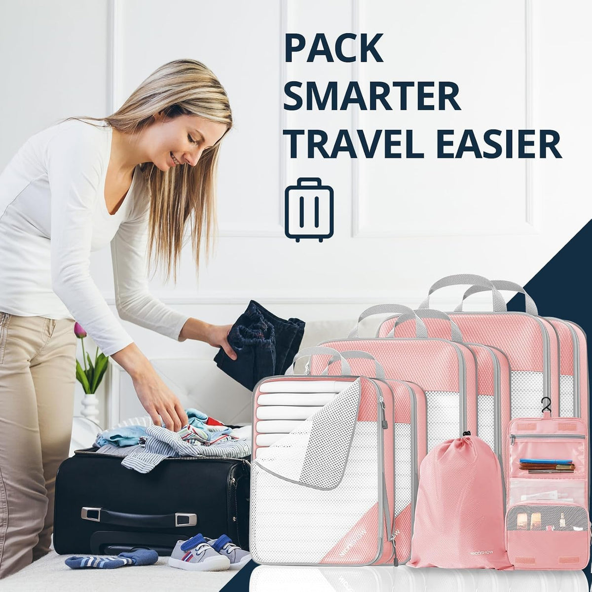 6 Set Compression Packing Cubes for Travel - Compressible, Lightweight, and Space-Saving Packing Cubes, Travel Essentials for Women, Grey