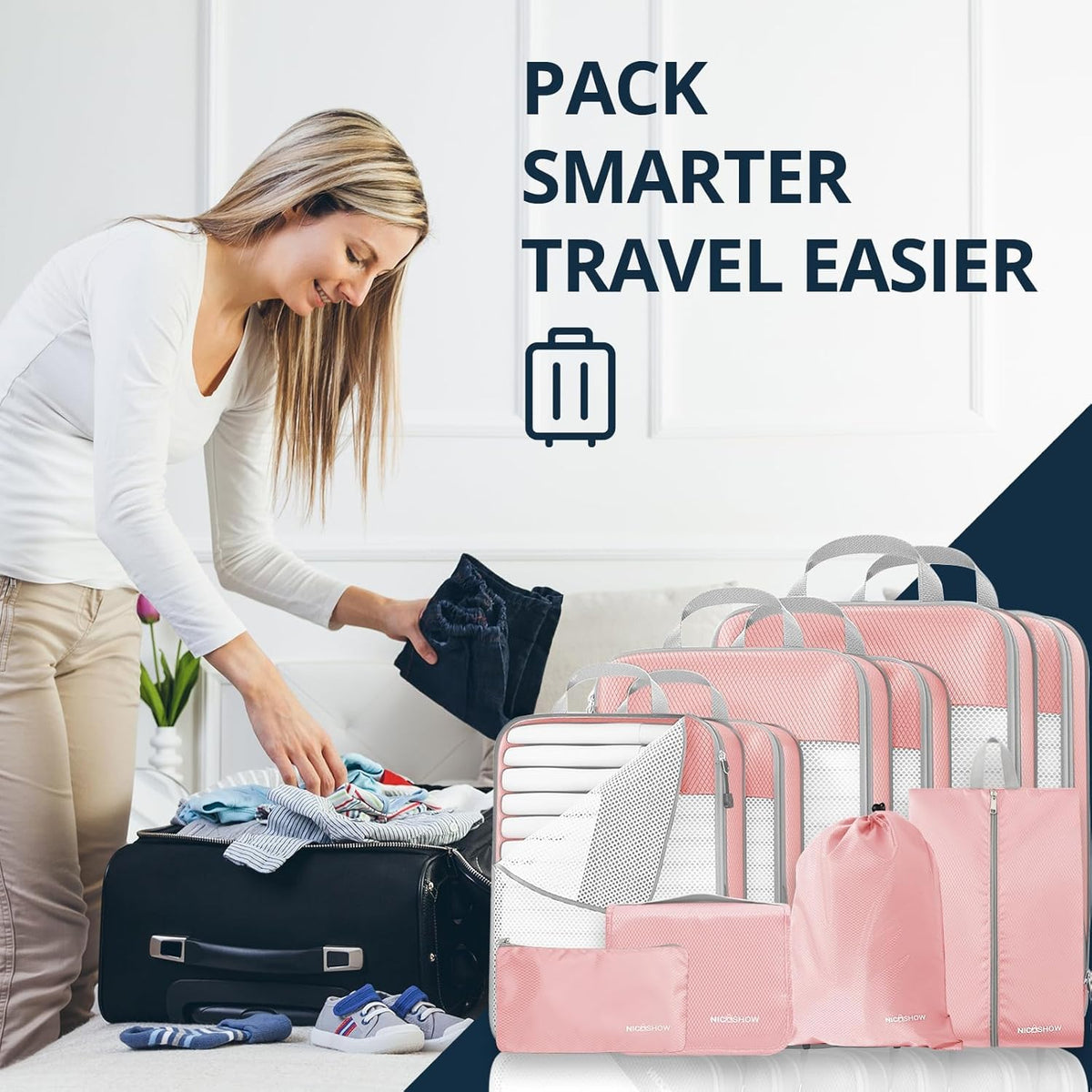 6 Set Compression Packing Cubes for Travel - Compressible, Lightweight, and Space-Saving Packing Cubes, Travel Essentials for Women, Grey