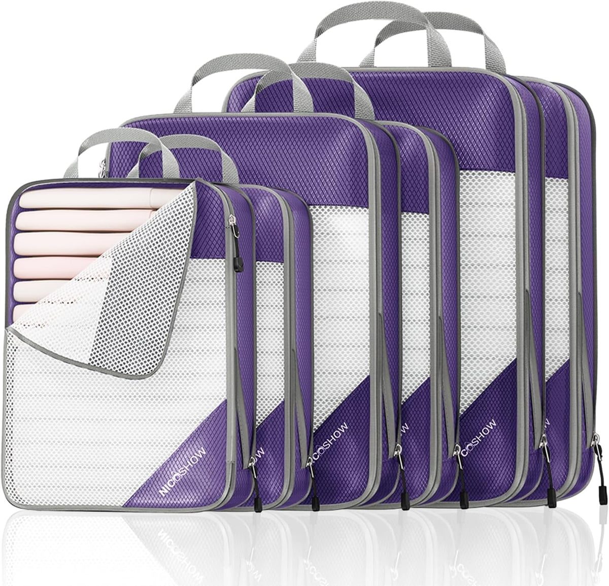 6 Set Compression Packing Cubes for Travel - Compressible, Lightweight, and Space-Saving Packing Cubes, Travel Essentials for Women, Grey
