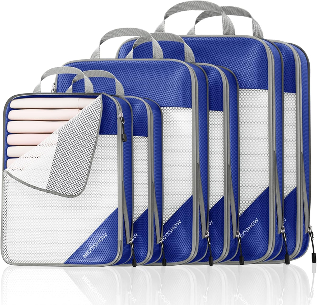 6 Set Compression Packing Cubes for Travel - Compressible, Lightweight, and Space-Saving Packing Cubes, Travel Essentials for Women, Grey