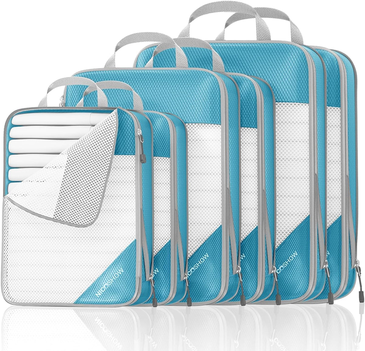 6 Set Compression Packing Cubes for Travel - Compressible, Lightweight, and Space-Saving Packing Cubes, Travel Essentials for Women, Grey