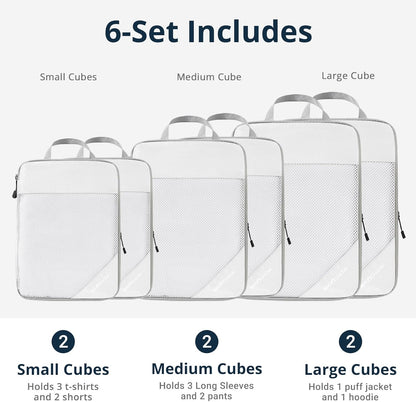 6 Set Compression Packing Cubes for Travel - Compressible, Lightweight, and Space-Saving Packing Cubes, Travel Essentials for Women, Grey