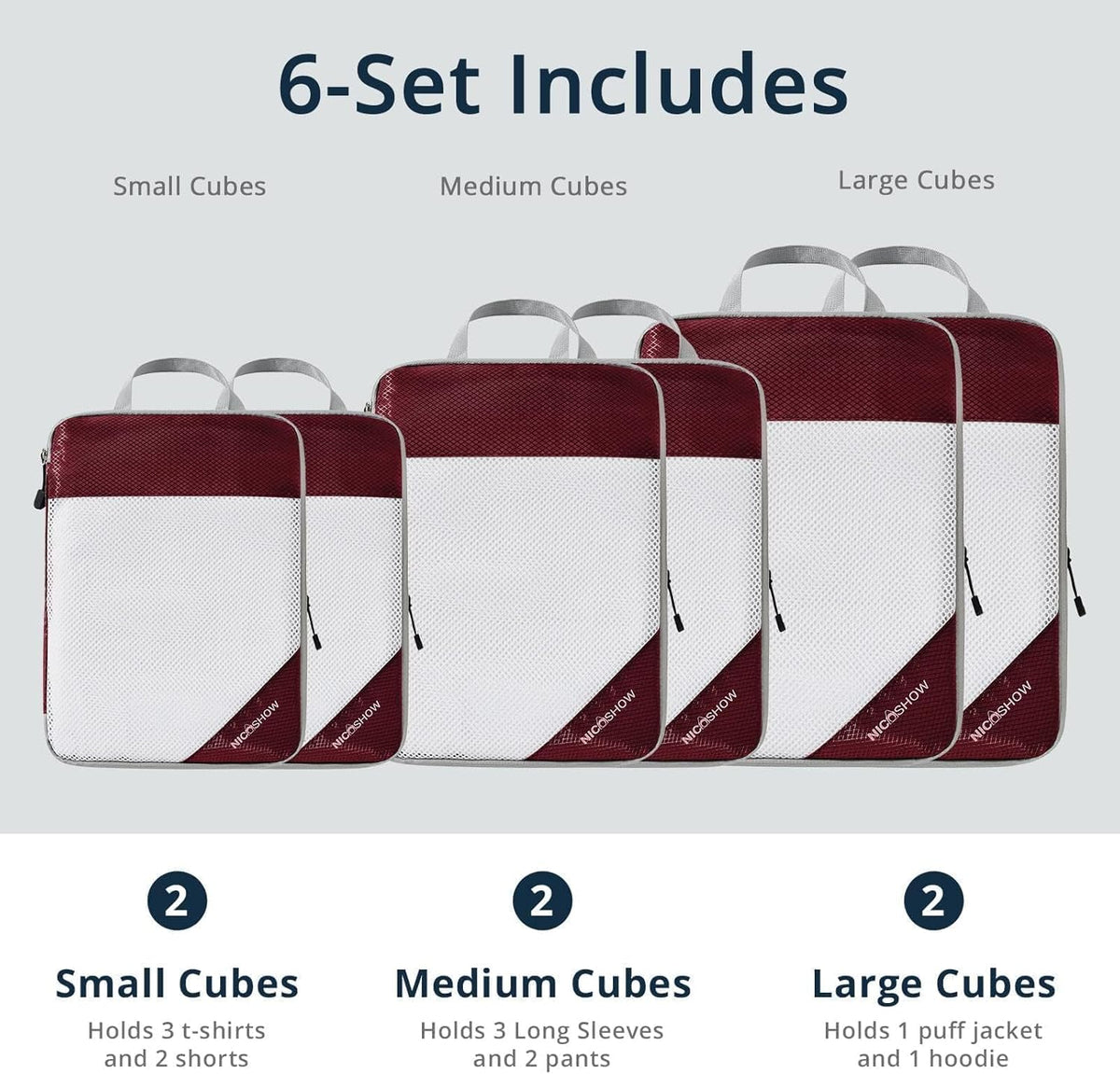 6 Set Compression Packing Cubes for Travel - Compressible, Lightweight, and Space-Saving Packing Cubes, Travel Essentials for Women, Grey