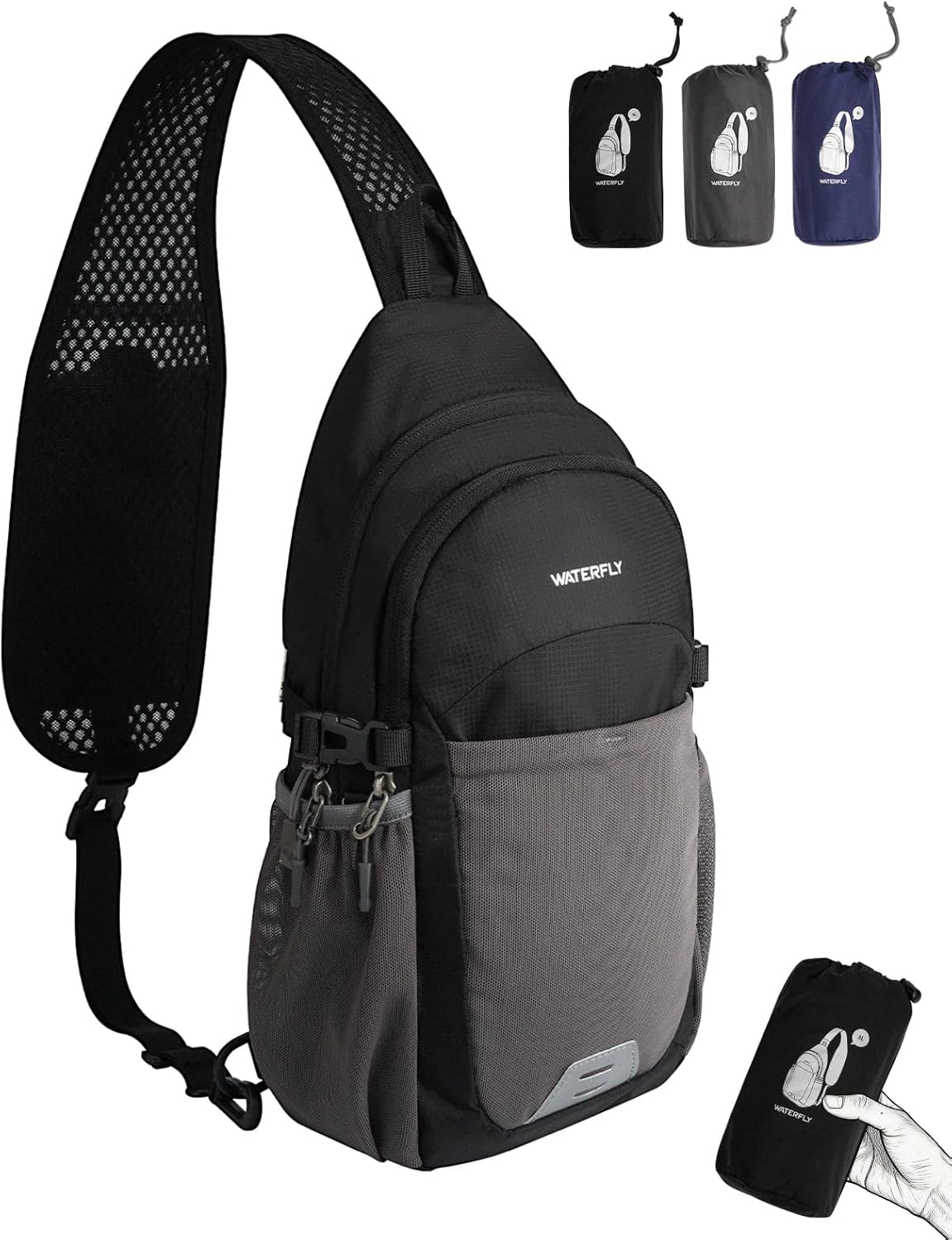 Packable Sling Bag RFID Travel Crossbody Backpack for Women Men | Water bottle holder fits 22 oz, Phone strap pocket, Foldable design, Water-resistant, Daily Hiking Theme Parks Day Trip Pack