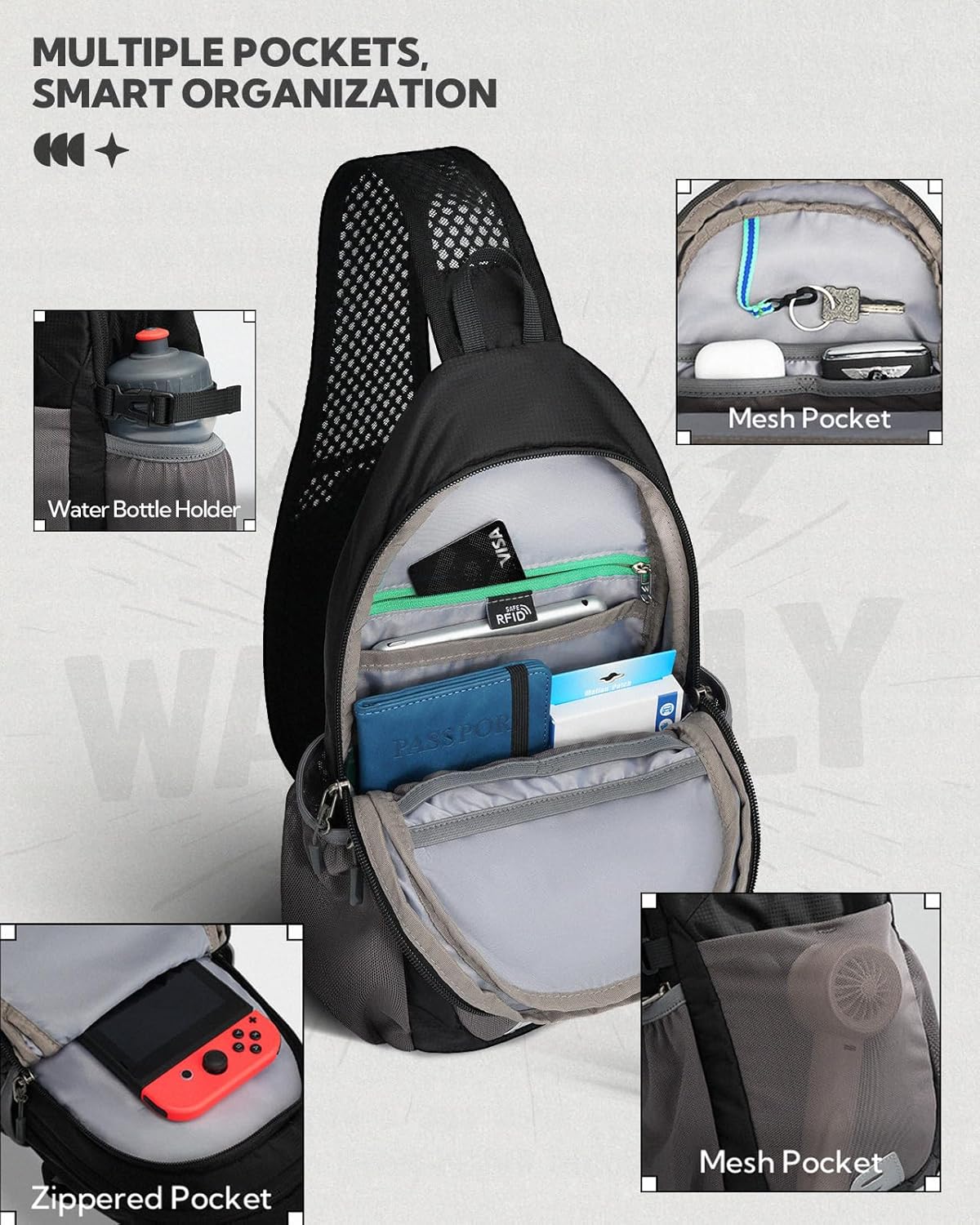 Packable Sling Bag RFID Travel Crossbody Backpack for Women Men | Water bottle holder fits 22 oz, Phone strap pocket, Foldable design, Water-resistant, Daily Hiking Theme Parks Day Trip Pack