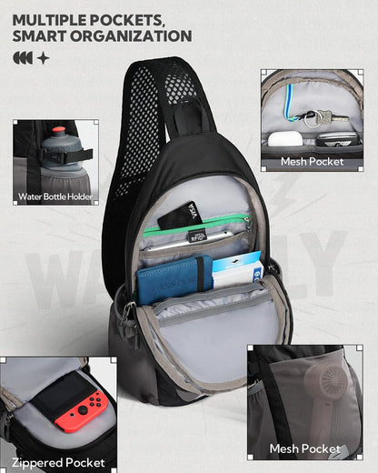 Packable Sling Bag RFID Travel Crossbody Backpack for Women Men | Water bottle holder fits 22 oz, Phone strap pocket, Foldable design, Water-resistant, Daily Hiking Theme Parks Day Trip Pack