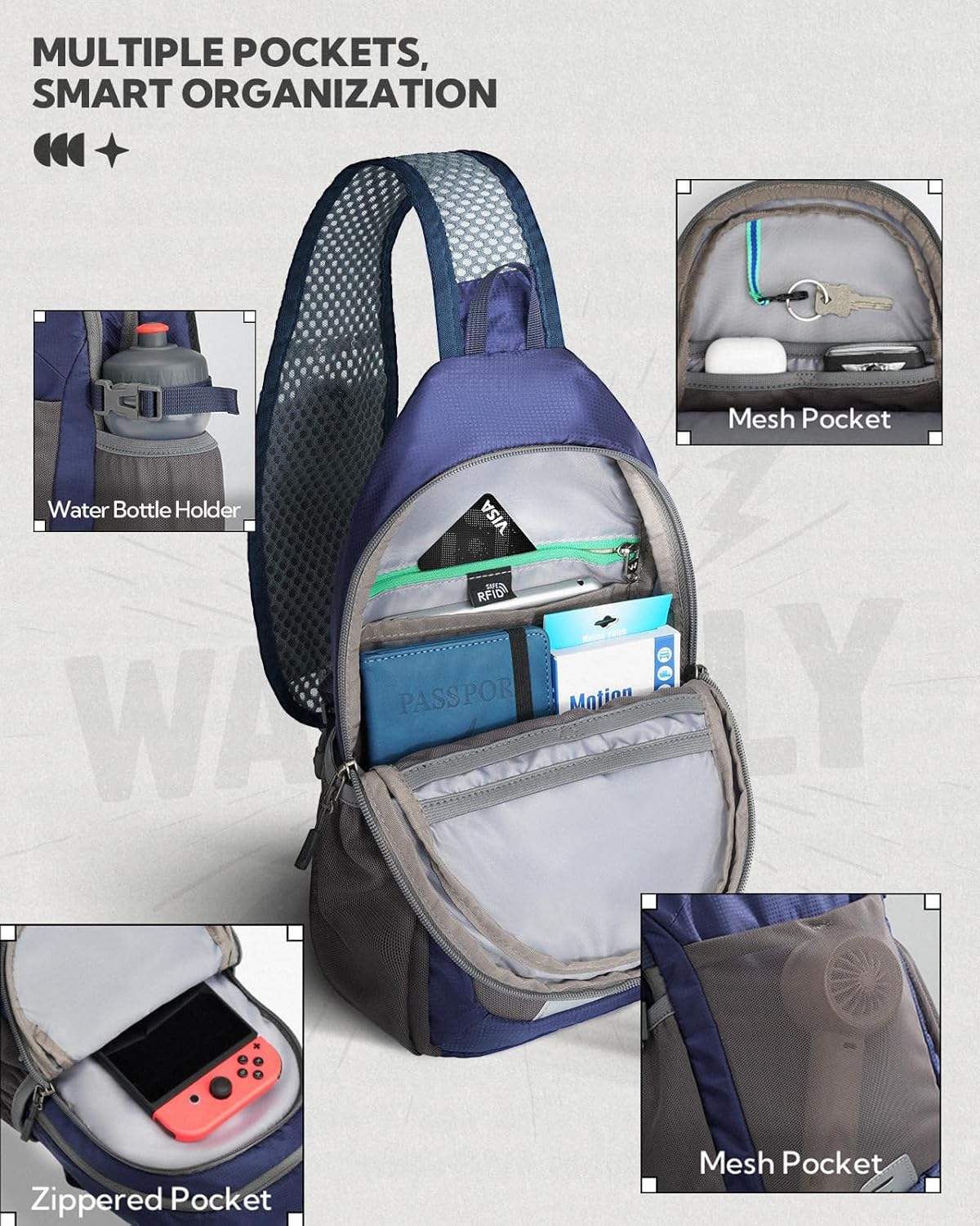 Packable Sling Bag RFID Travel Crossbody Backpack for Women Men | Water bottle holder fits 22 oz, Phone strap pocket, Foldable design, Water-resistant, Daily Hiking Theme Parks Day Trip Pack