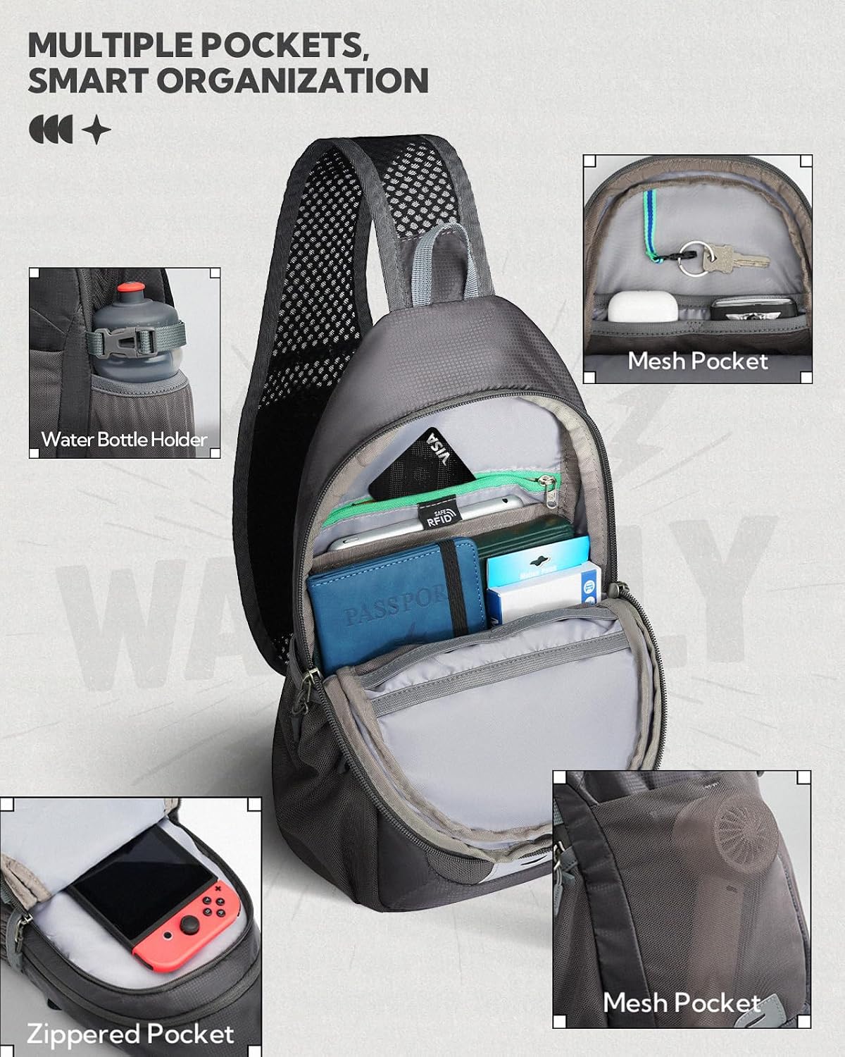 Packable Sling Bag RFID Travel Crossbody Backpack for Women Men | Water bottle holder fits 22 oz, Phone strap pocket, Foldable design, Water-resistant, Daily Hiking Theme Parks Day Trip Pack