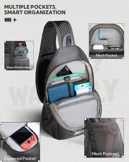 Packable Sling Bag RFID Travel Crossbody Backpack for Women Men | Water bottle holder fits 22 oz, Phone strap pocket, Foldable design, Water-resistant, Daily Hiking Theme Parks Day Trip Pack