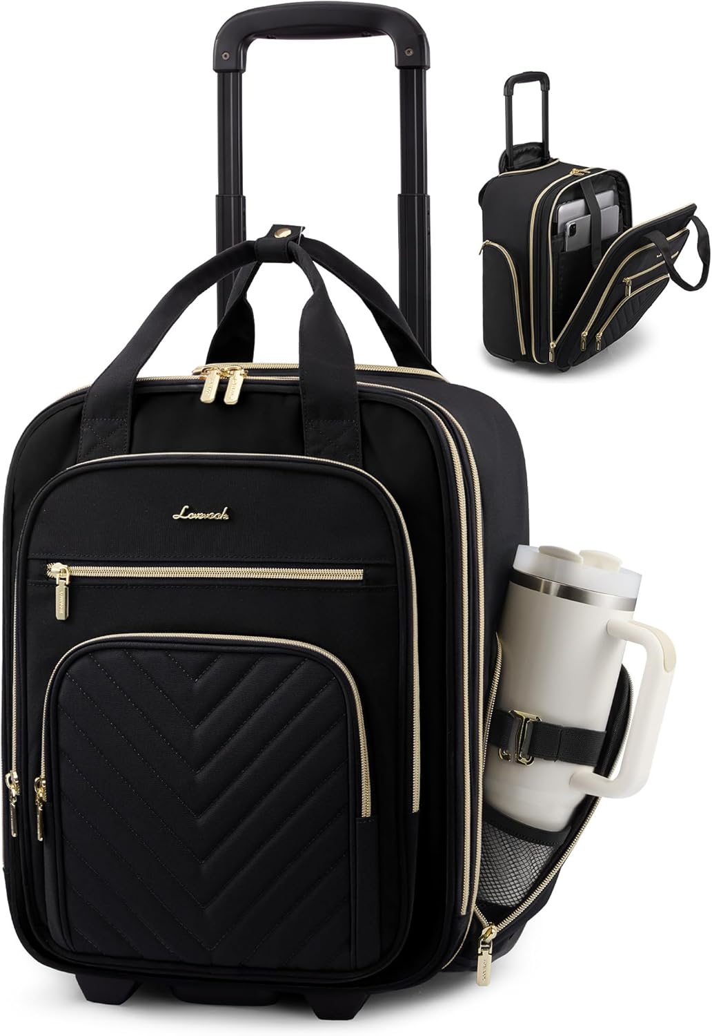 Underseat Carry On Luggage with Wheels, Stylish Under Seat Luggage with Giant Tumbler Holder Pocket, Soft Sided Small Suitcase for Travel, Work