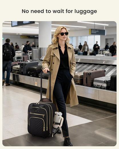 Underseat Carry On Luggage with Wheels, Stylish Under Seat Luggage with Giant Tumbler Holder Pocket, Soft Sided Small Suitcase for Travel, Work