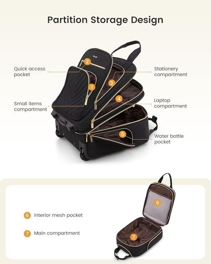 Underseat Carry On Luggage with Wheels, Stylish Under Seat Luggage with Giant Tumbler Holder Pocket, Soft Sided Small Suitcase for Travel, Work