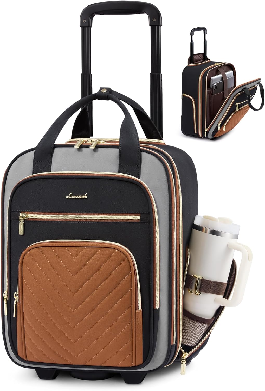 Underseat Carry On Luggage with Wheels, Stylish Under Seat Luggage with Giant Tumbler Holder Pocket, Soft Sided Small Suitcase for Travel, Work