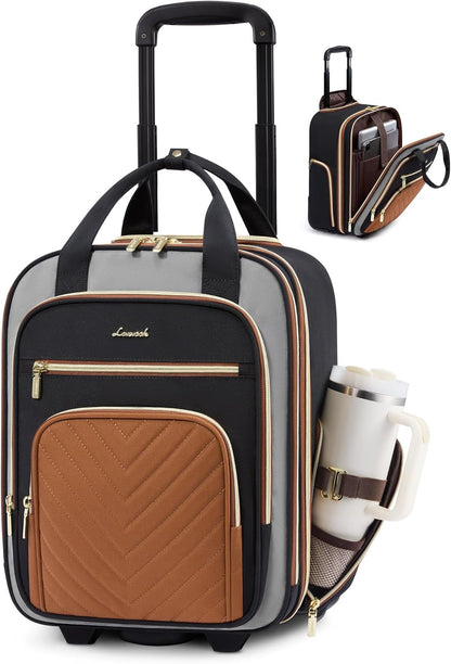 Underseat Carry On Luggage with Wheels, Stylish Under Seat Luggage with Giant Tumbler Holder Pocket, Soft Sided Small Suitcase for Travel, Work
