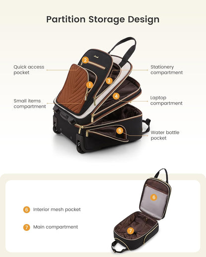 Underseat Carry On Luggage with Wheels, Stylish Under Seat Luggage with Giant Tumbler Holder Pocket, Soft Sided Small Suitcase for Travel, Work