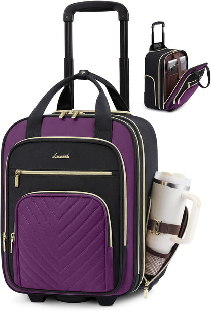 Underseat Carry On Luggage with Wheels, Stylish Under Seat Luggage with Giant Tumbler Holder Pocket, Soft Sided Small Suitcase for Travel, Work