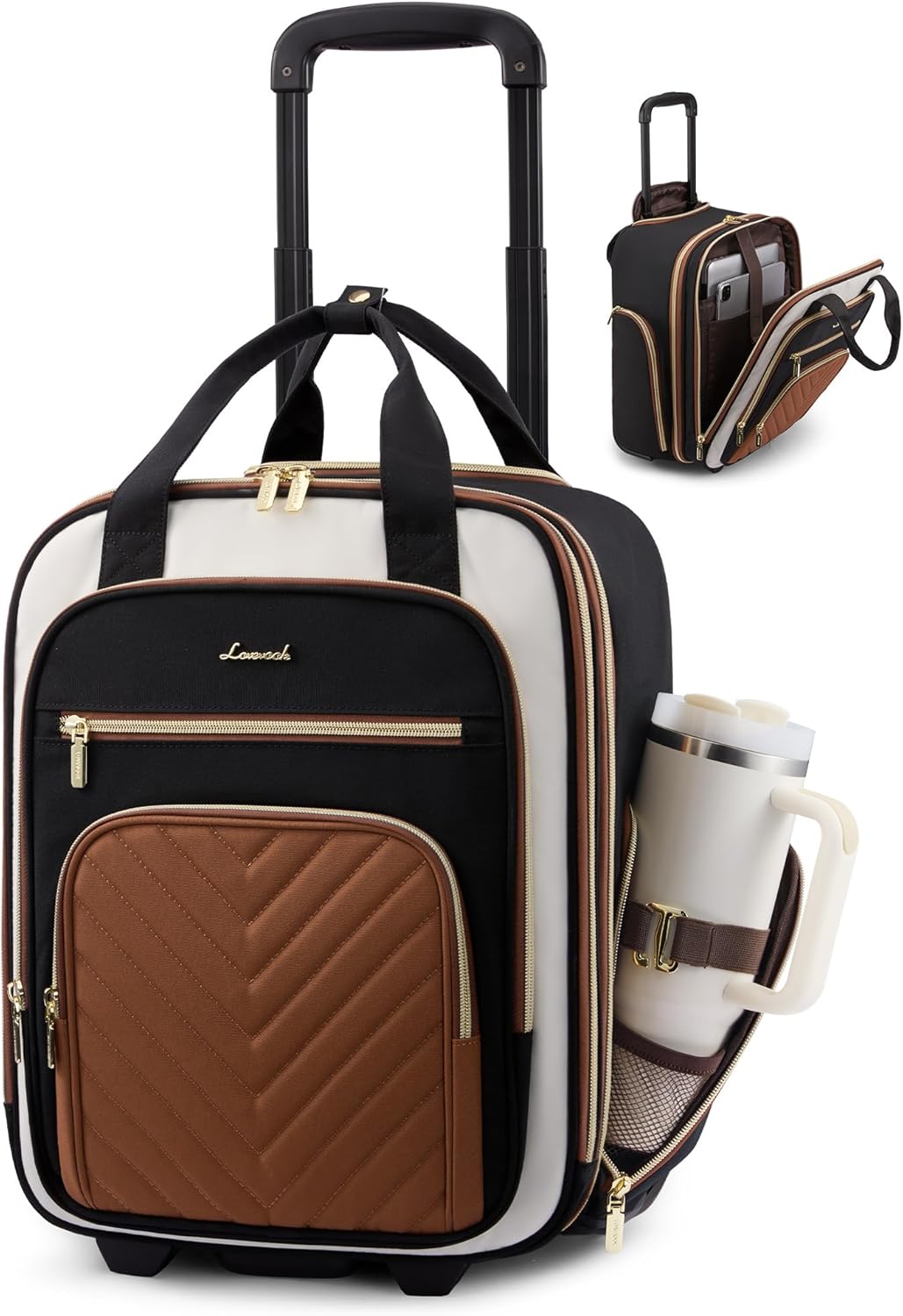 Underseat Carry On Luggage with Wheels, Stylish Under Seat Luggage with Giant Tumbler Holder Pocket, Soft Sided Small Suitcase for Travel, Work