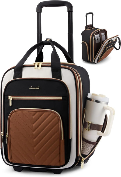 Underseat Carry On Luggage with Wheels, Stylish Under Seat Luggage with Giant Tumbler Holder Pocket, Soft Sided Small Suitcase for Travel, Work