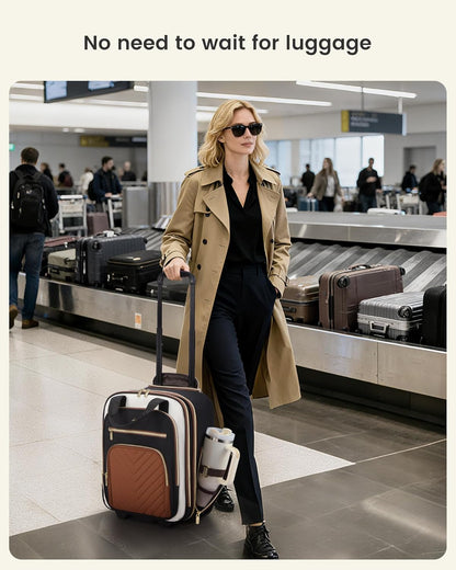 Underseat Carry On Luggage with Wheels, Stylish Under Seat Luggage with Giant Tumbler Holder Pocket, Soft Sided Small Suitcase for Travel, Work