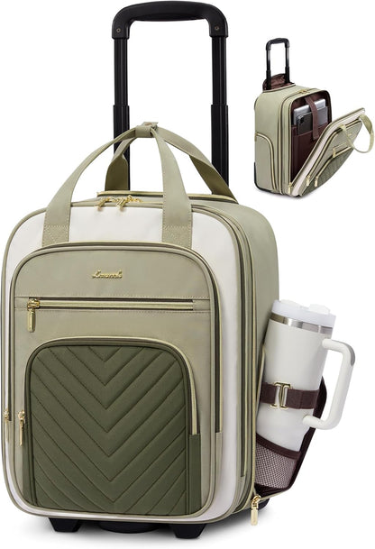 Underseat Carry On Luggage with Wheels, Stylish Under Seat Luggage with Giant Tumbler Holder Pocket, Soft Sided Small Suitcase for Travel, Work