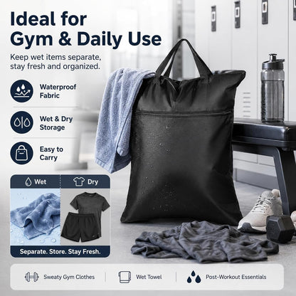 2 Pack Large Travel Laundry Bag 18" x 23" Wet Bag for Dirty Clothes Heavy Duty Waterproof Dry Bags with 2 Zippered Pockets Handle for Swimsuit Beach Camping Sports Gym Dorm Towel Home (Black)
