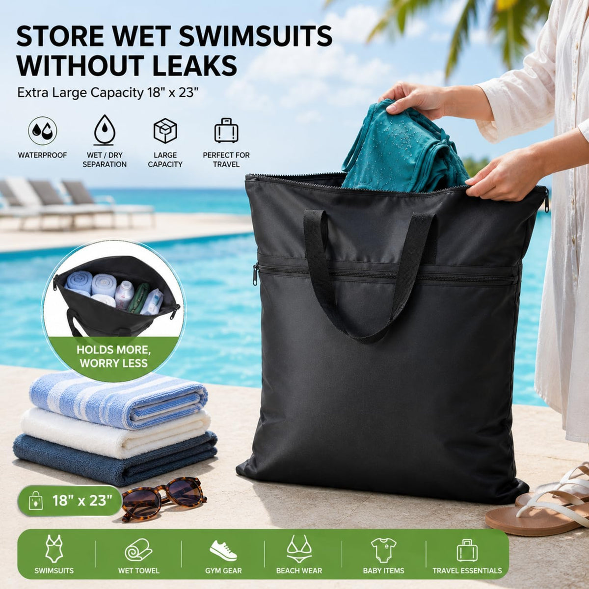 2 Pack Large Travel Laundry Bag 18" x 23" Wet Bag for Dirty Clothes Heavy Duty Waterproof Dry Bags with 2 Zippered Pockets Handle for Swimsuit Beach Camping Sports Gym Dorm Towel Home (Black)