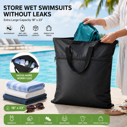 2 Pack Large Travel Laundry Bag 18" x 23" Wet Bag for Dirty Clothes Heavy Duty Waterproof Dry Bags with 2 Zippered Pockets Handle for Swimsuit Beach Camping Sports Gym Dorm Towel Home (Black)