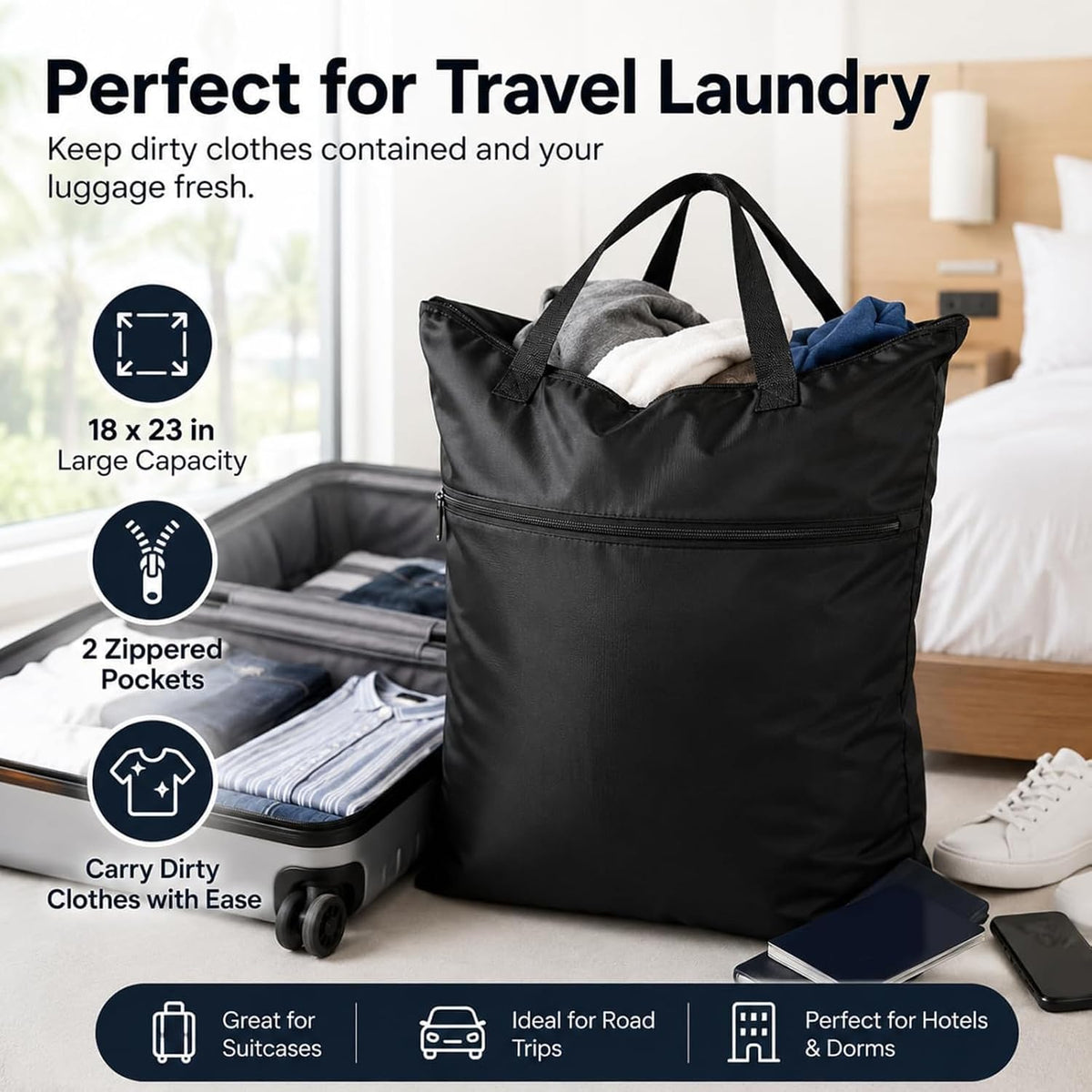 2 Pack Large Travel Laundry Bag 18" x 23" Wet Bag for Dirty Clothes Heavy Duty Waterproof Dry Bags with 2 Zippered Pockets Handle for Swimsuit Beach Camping Sports Gym Dorm Towel Home (Black)