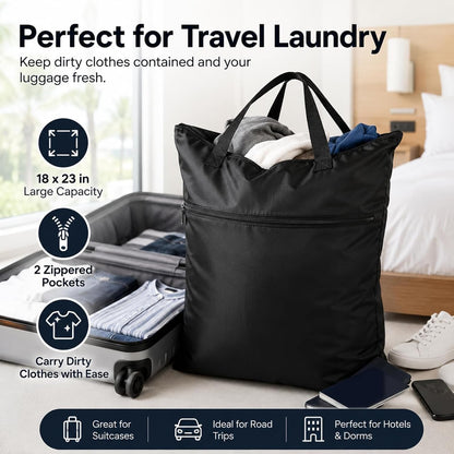2 Pack Large Travel Laundry Bag 18" x 23" Wet Bag for Dirty Clothes Heavy Duty Waterproof Dry Bags with 2 Zippered Pockets Handle for Swimsuit Beach Camping Sports Gym Dorm Towel Home (Black)