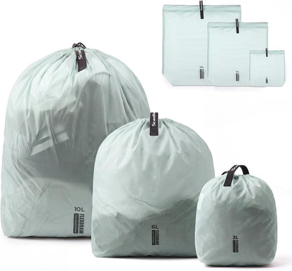 P.travel 3 Pack Travel Laundry Bags for Suitcases, Waterproof Fabric Drawstring Organizer Bags, Lightweight Reusable Packing Bags for Dirty Clothes, Gym, Swim, Beach, Dorm, Grey