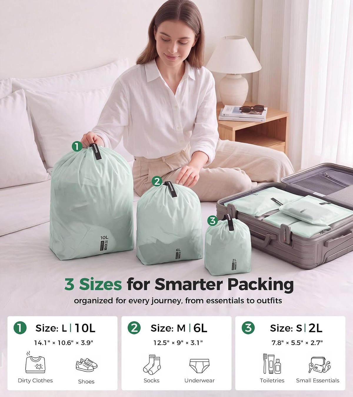 P.travel 3 Pack Travel Laundry Bags for Suitcases, Waterproof Fabric Drawstring Organizer Bags, Lightweight Reusable Packing Bags for Dirty Clothes, Gym, Swim, Beach, Dorm, Grey