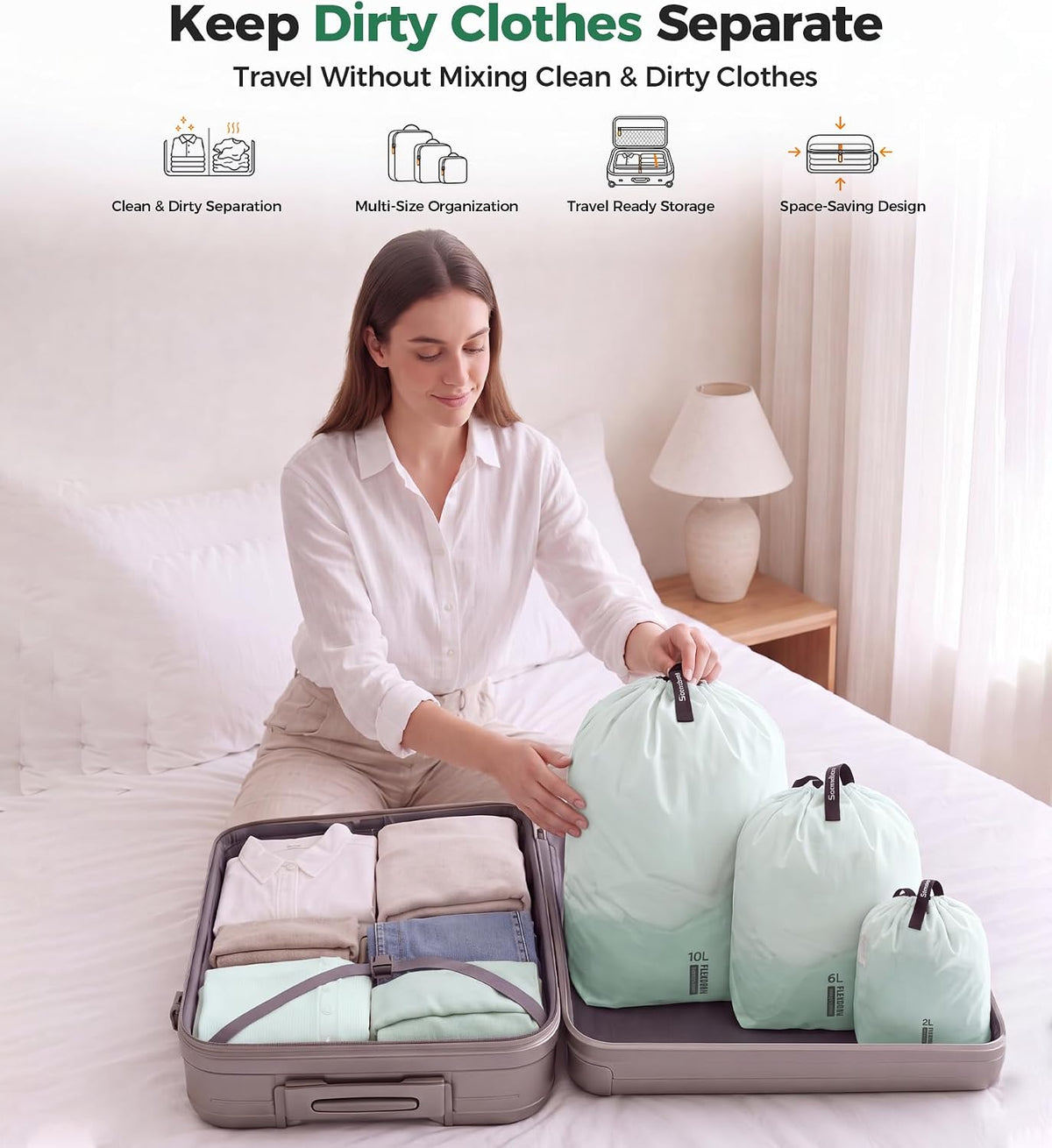 P.travel 3 Pack Travel Laundry Bags for Suitcases, Waterproof Fabric Drawstring Organizer Bags, Lightweight Reusable Packing Bags for Dirty Clothes, Gym, Swim, Beach, Dorm, Grey