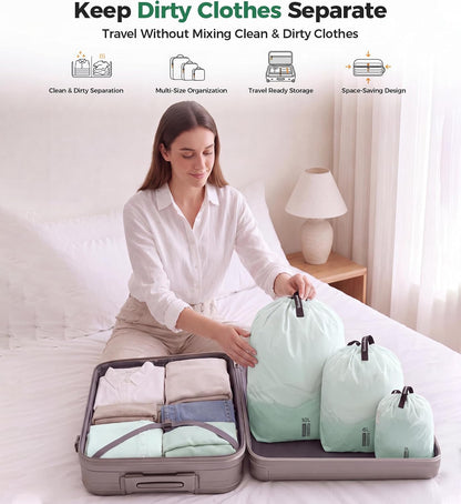 P.travel 3 Pack Travel Laundry Bags for Suitcases, Waterproof Fabric Drawstring Organizer Bags, Lightweight Reusable Packing Bags for Dirty Clothes, Gym, Swim, Beach, Dorm, Grey