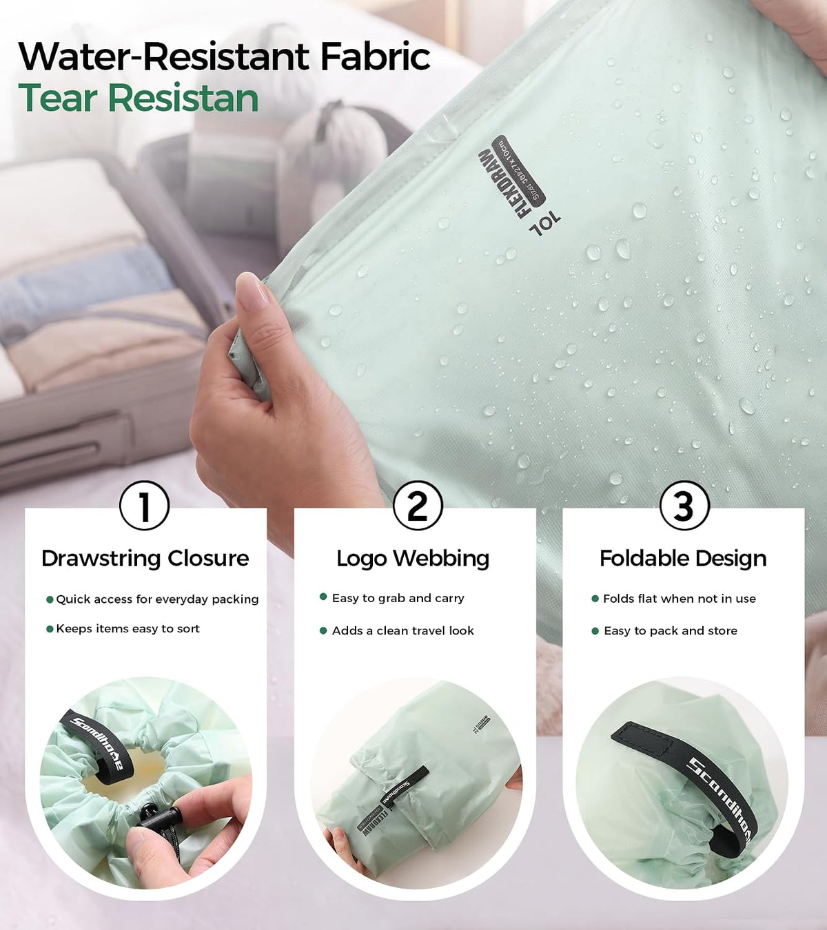 P.travel 3 Pack Travel Laundry Bags for Suitcases, Waterproof Fabric Drawstring Organizer Bags, Lightweight Reusable Packing Bags for Dirty Clothes, Gym, Swim, Beach, Dorm, Grey