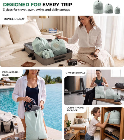 P.travel 3 Pack Travel Laundry Bags for Suitcases, Waterproof Fabric Drawstring Organizer Bags, Lightweight Reusable Packing Bags for Dirty Clothes, Gym, Swim, Beach, Dorm, Grey
