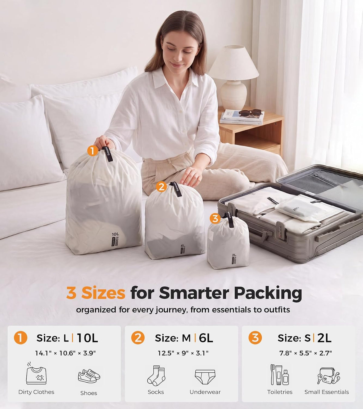 P.travel 3 Pack Travel Laundry Bags for Suitcases, Waterproof Fabric Drawstring Organizer Bags, Lightweight Reusable Packing Bags for Dirty Clothes, Gym, Swim, Beach, Dorm, Grey