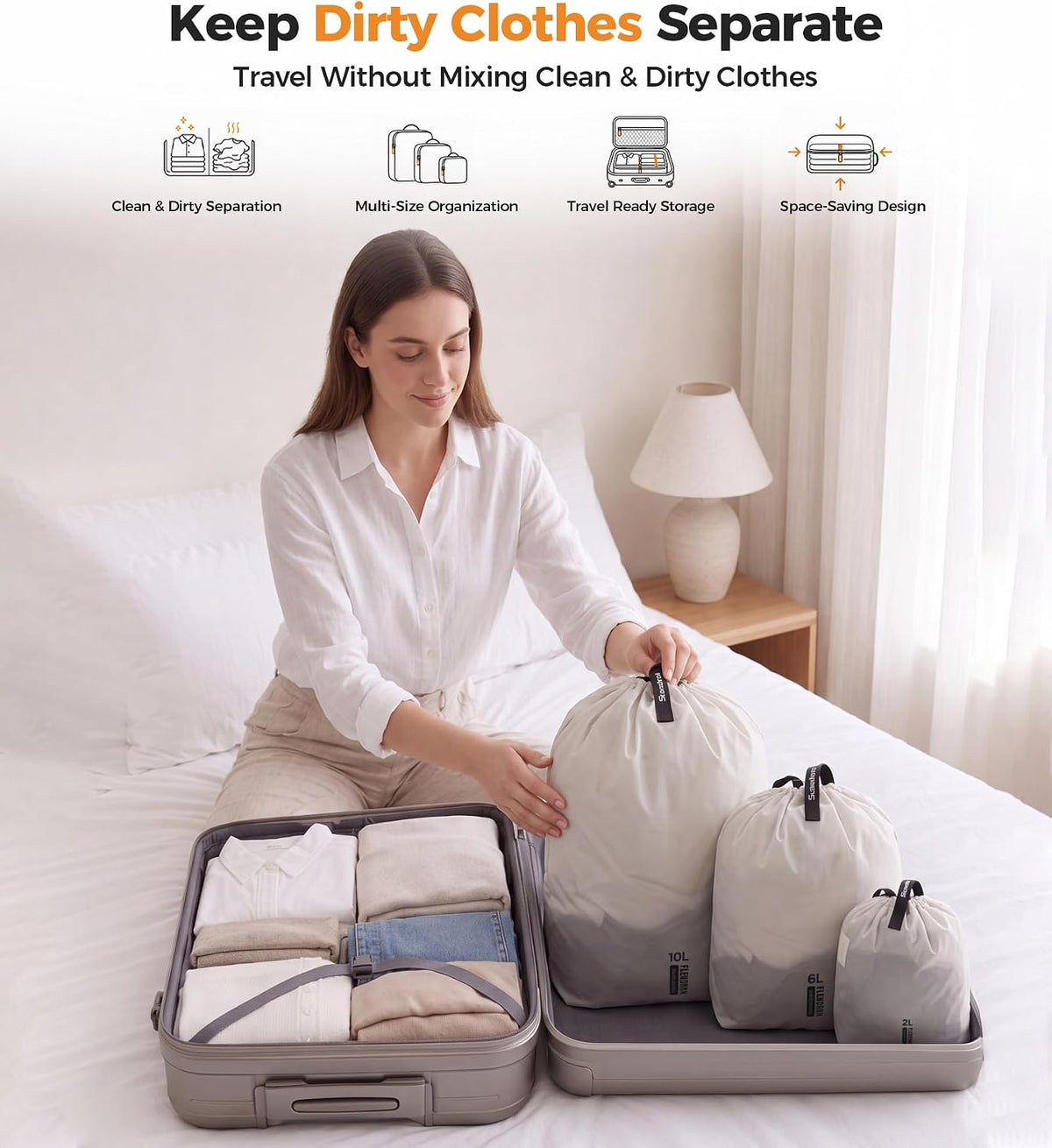 P.travel 3 Pack Travel Laundry Bags for Suitcases, Waterproof Fabric Drawstring Organizer Bags, Lightweight Reusable Packing Bags for Dirty Clothes, Gym, Swim, Beach, Dorm, Grey