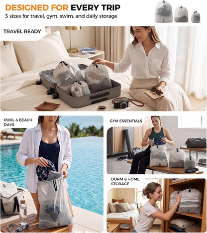 P.travel 3 Pack Travel Laundry Bags for Suitcases, Waterproof Fabric Drawstring Organizer Bags, Lightweight Reusable Packing Bags for Dirty Clothes, Gym, Swim, Beach, Dorm, Grey