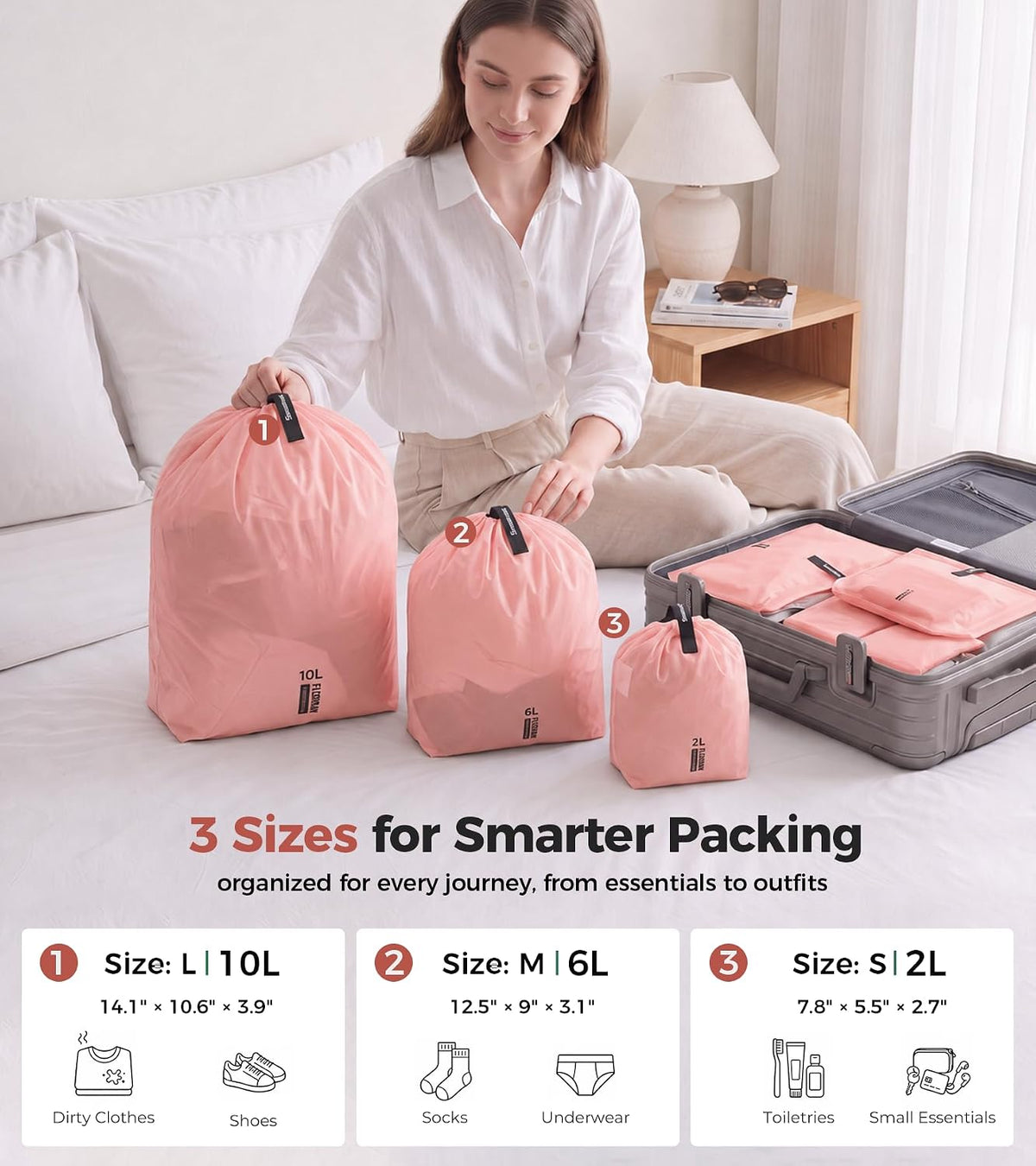 P.travel 3 Pack Travel Laundry Bags for Suitcases, Waterproof Fabric Drawstring Organizer Bags, Lightweight Reusable Packing Bags for Dirty Clothes, Gym, Swim, Beach, Dorm, Grey