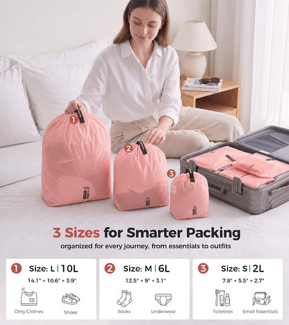 P.travel 3 Pack Travel Laundry Bags for Suitcases, Waterproof Fabric Drawstring Organizer Bags, Lightweight Reusable Packing Bags for Dirty Clothes, Gym, Swim, Beach, Dorm, Grey