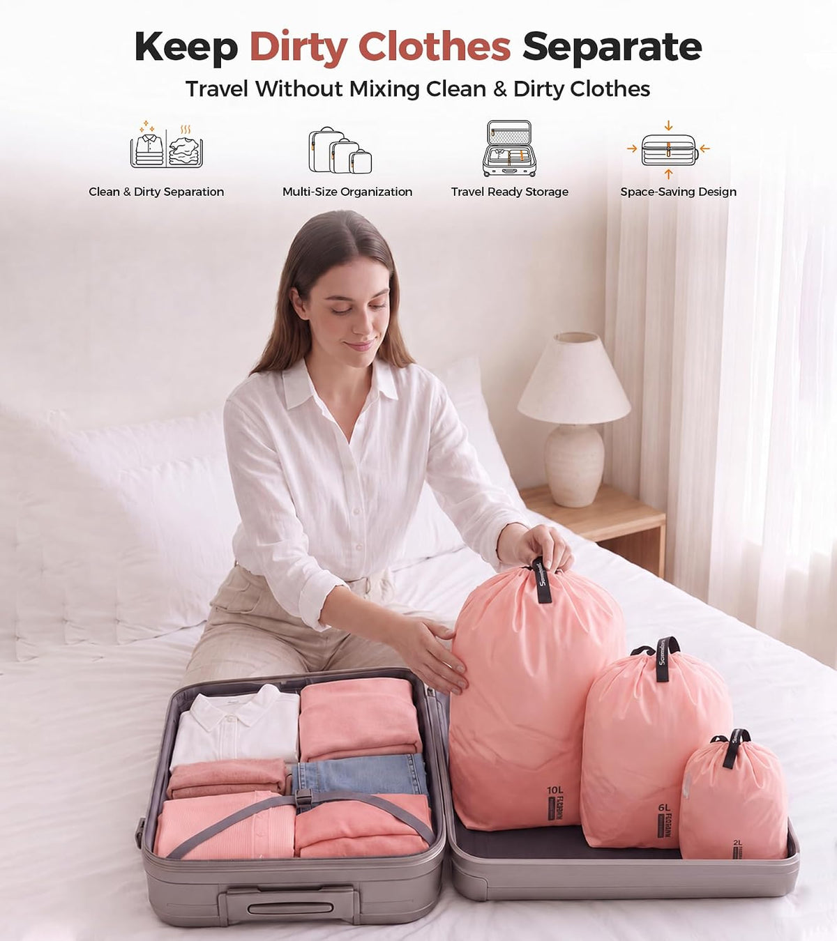 P.travel 3 Pack Travel Laundry Bags for Suitcases, Waterproof Fabric Drawstring Organizer Bags, Lightweight Reusable Packing Bags for Dirty Clothes, Gym, Swim, Beach, Dorm, Grey