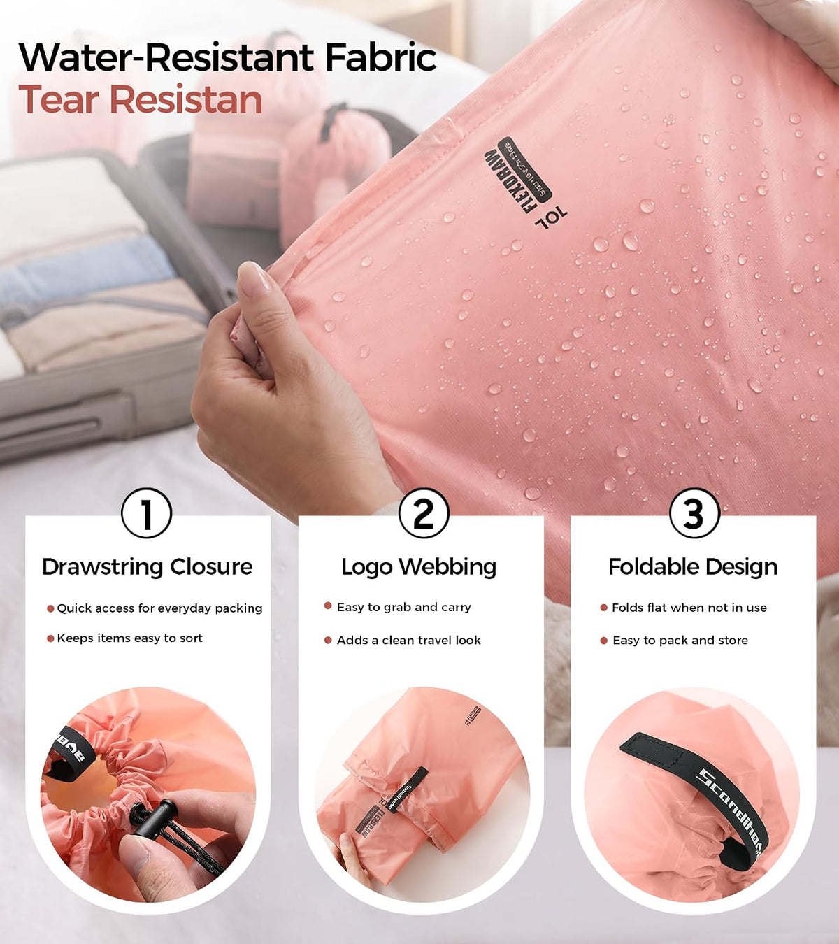 P.travel 3 Pack Travel Laundry Bags for Suitcases, Waterproof Fabric Drawstring Organizer Bags, Lightweight Reusable Packing Bags for Dirty Clothes, Gym, Swim, Beach, Dorm, Grey