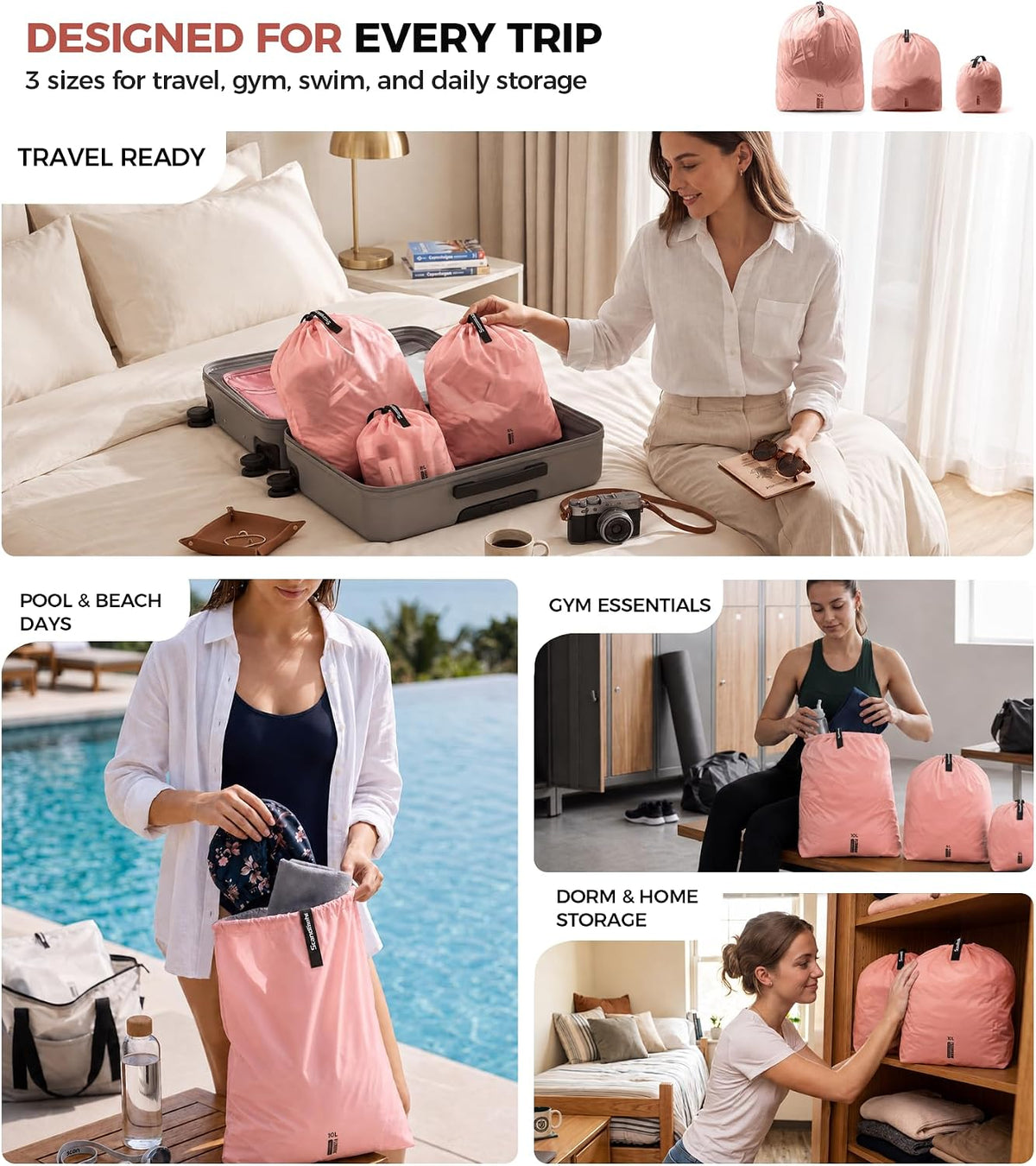 P.travel 3 Pack Travel Laundry Bags for Suitcases, Waterproof Fabric Drawstring Organizer Bags, Lightweight Reusable Packing Bags for Dirty Clothes, Gym, Swim, Beach, Dorm, Grey