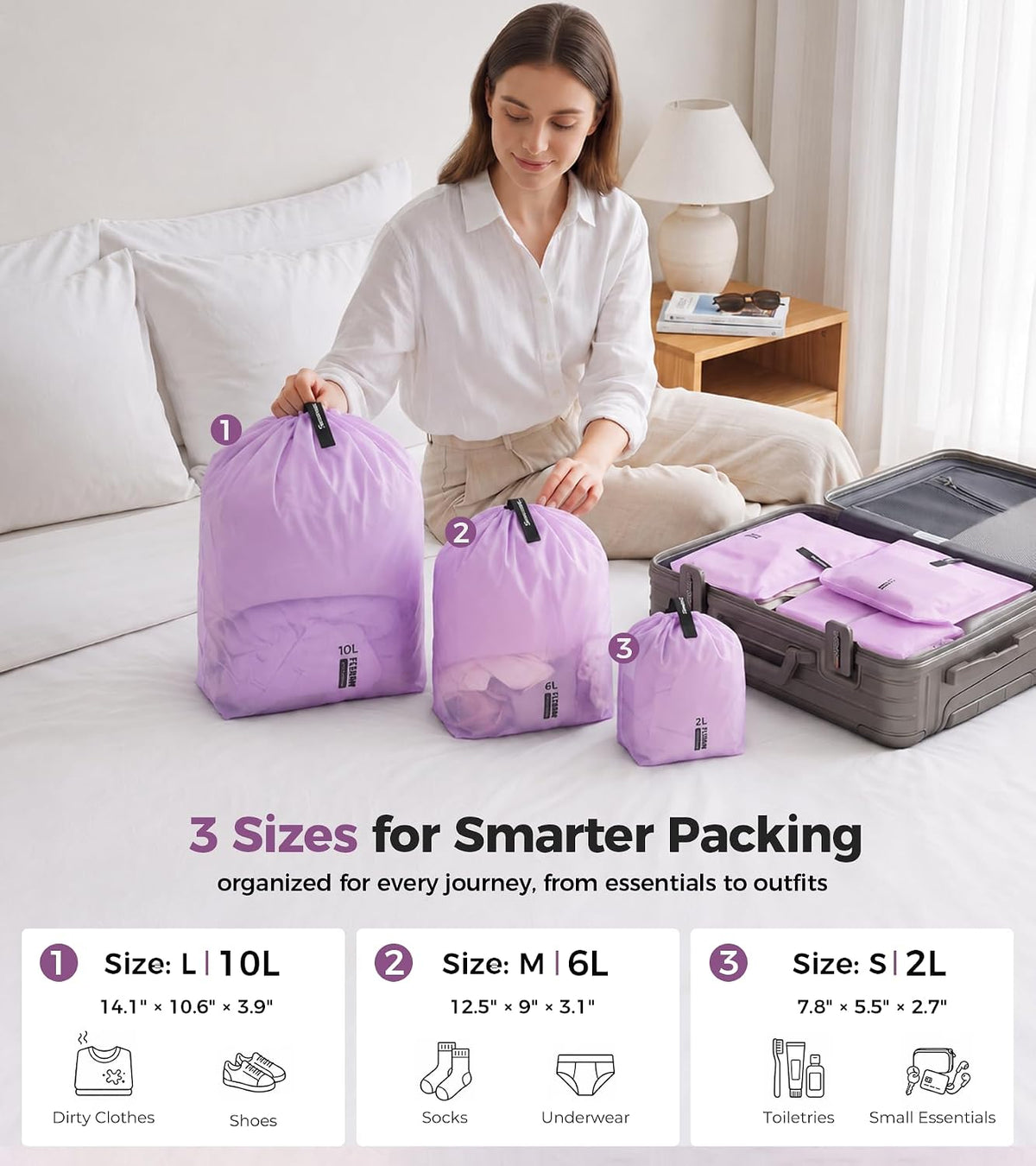 P.travel 3 Pack Travel Laundry Bags for Suitcases, Waterproof Fabric Drawstring Organizer Bags, Lightweight Reusable Packing Bags for Dirty Clothes, Gym, Swim, Beach, Dorm, Grey